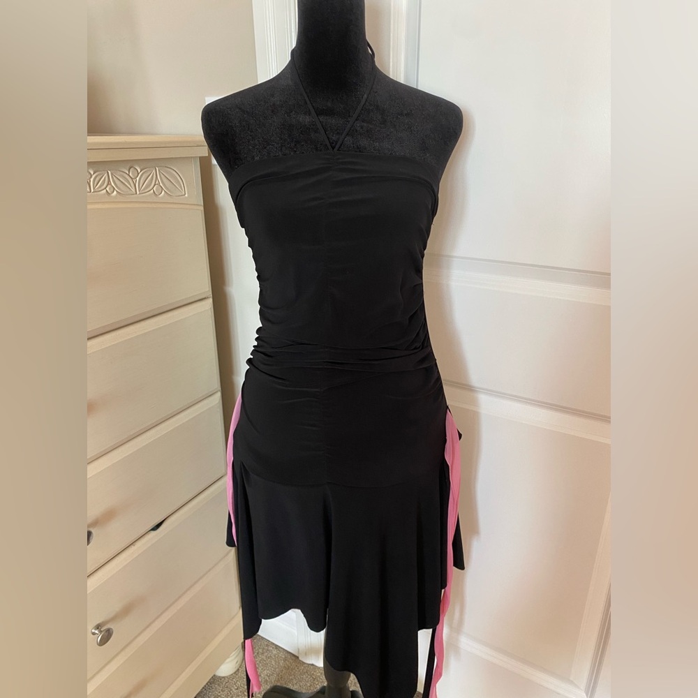 Y2K Early 2000s Formal Black and Pink Ruffle Halter Dress | Size S